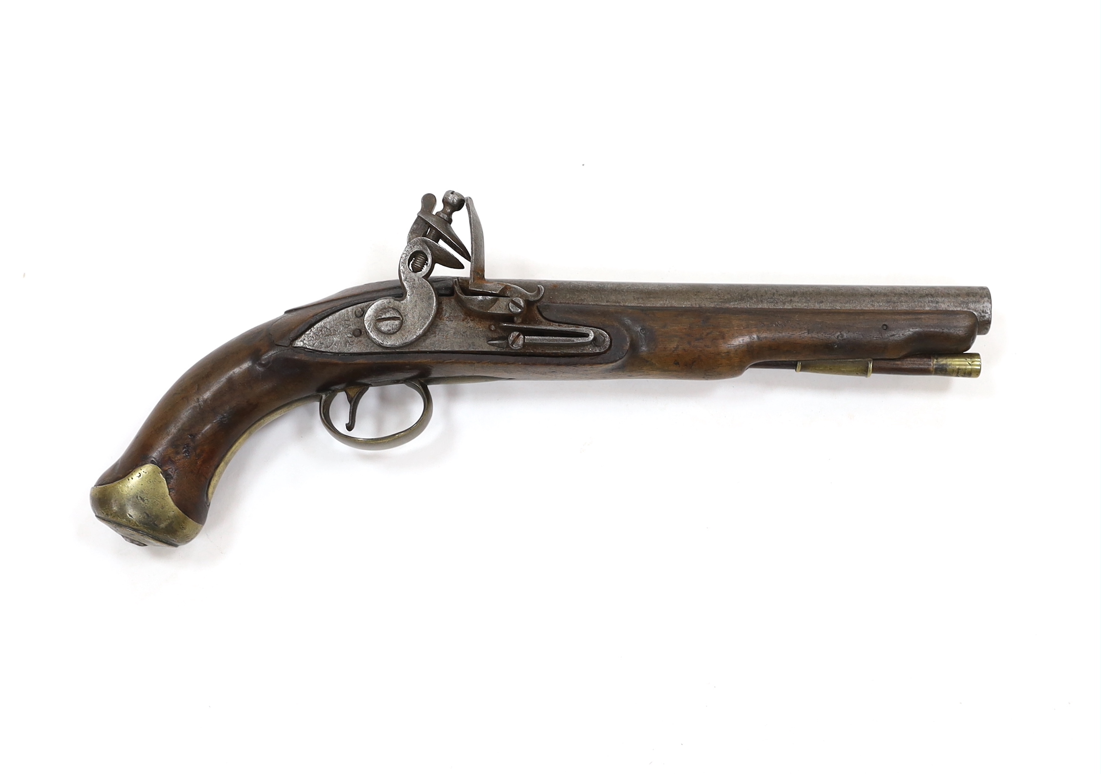 A 16 bore in East India company, Flintlock holster, pistol, barrel, engrave with EIC heart mark and makers name, dated 1802 lock plate also engraved 1802, VEIC with regulation brass mounts reconverted from percussion